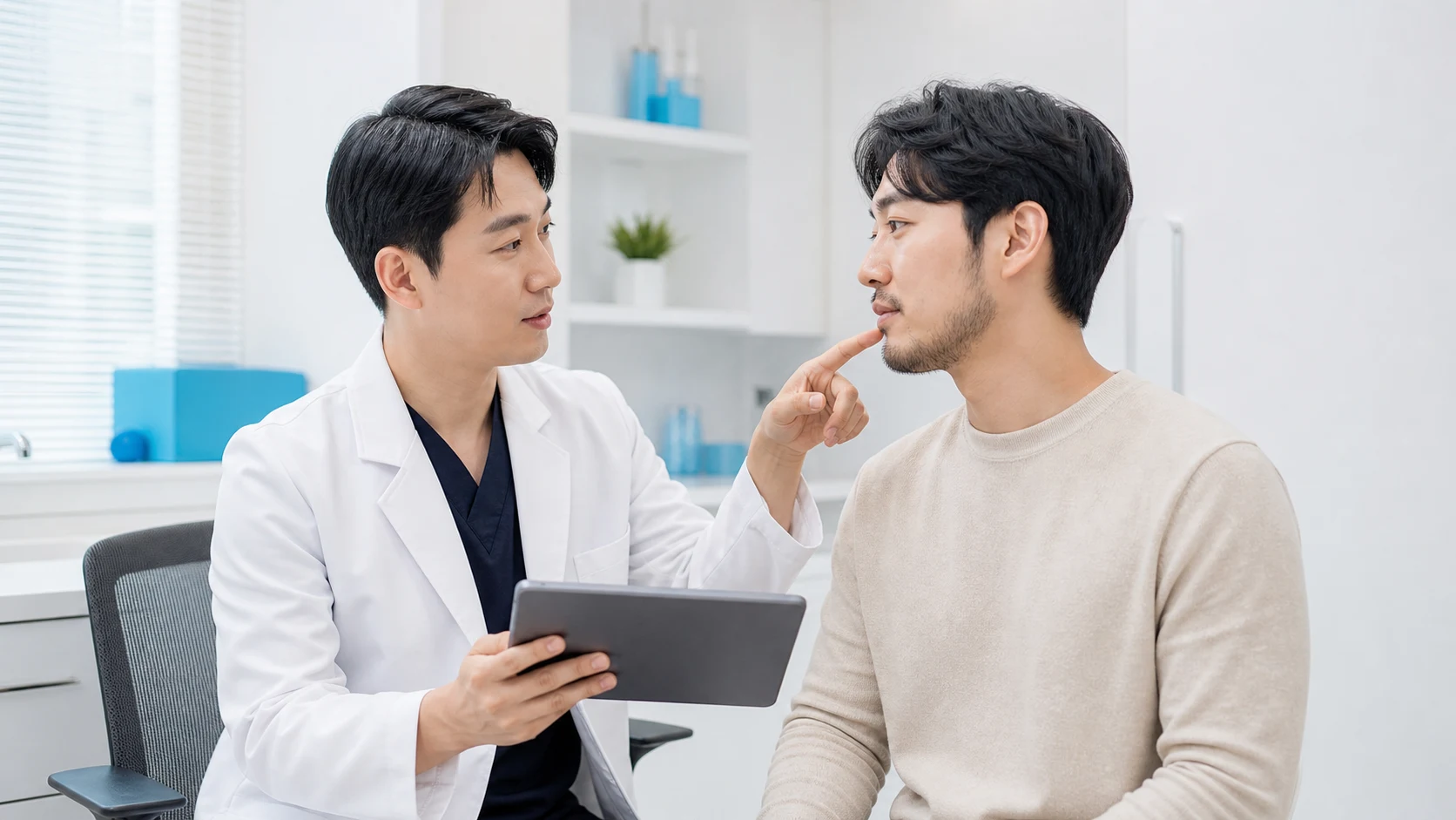 피부과 의료진이 남성 환자와 레이저 제모를 상담하는 모습