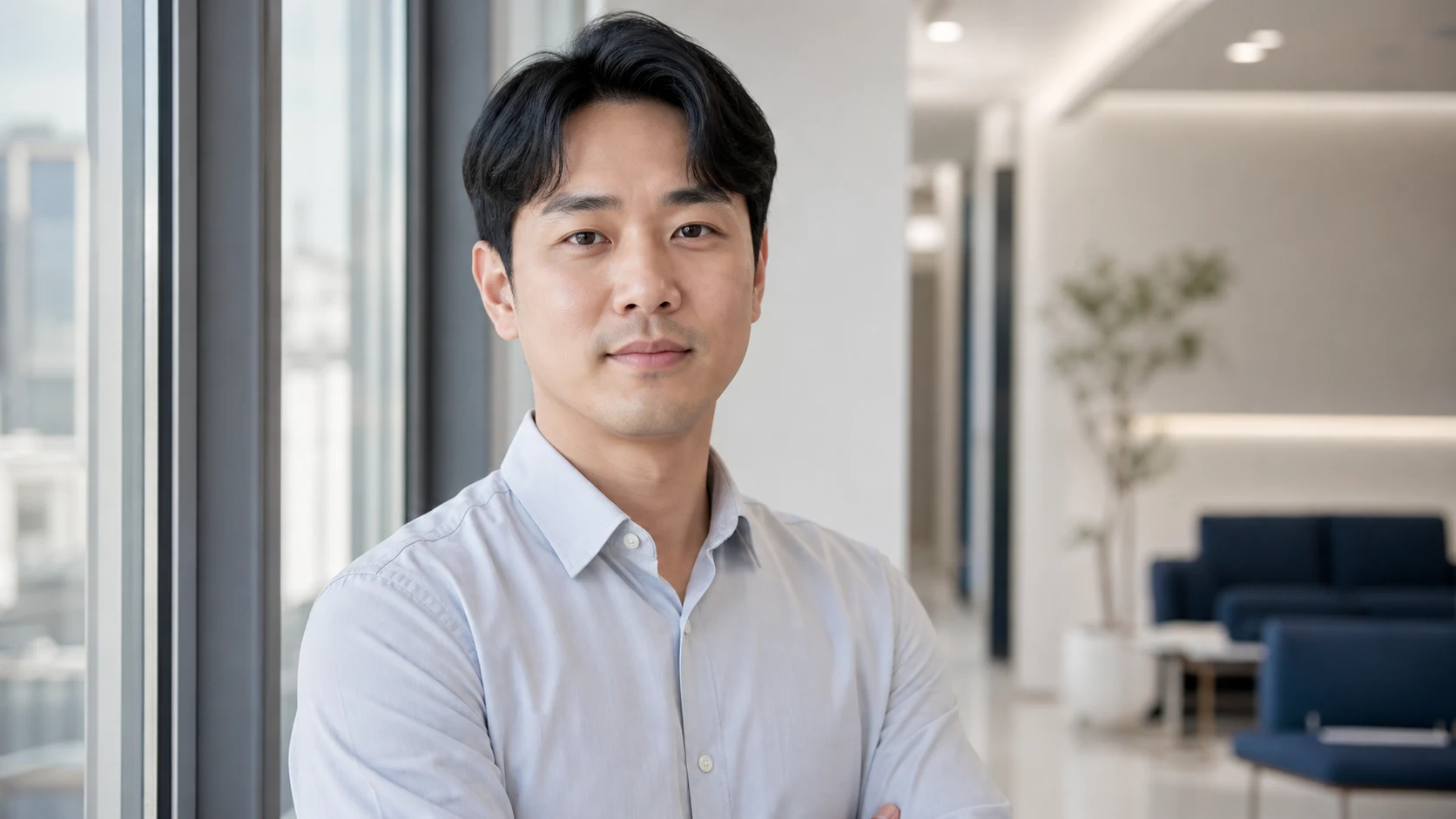 밝은 피부과 대기 공간에서 서 있는 한국인 남성