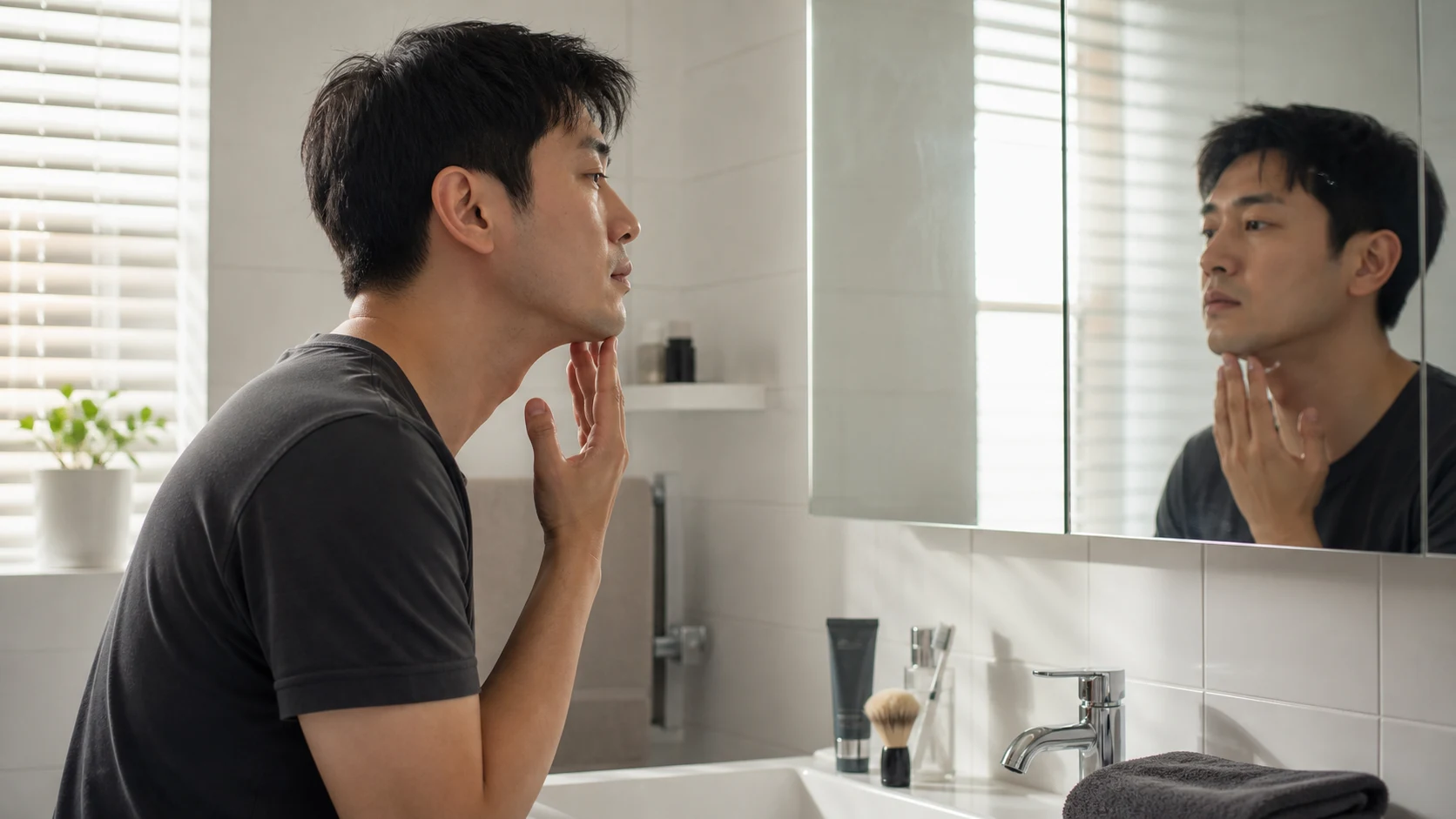 아침 면도 후 얼굴을 살피는 남성
